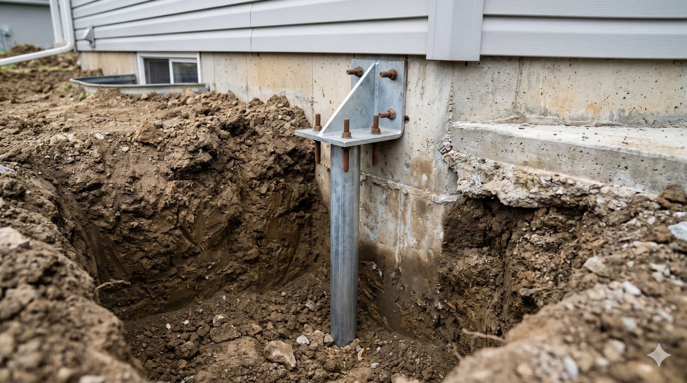 Steel push pier bracket installed against a home's concrete footing
